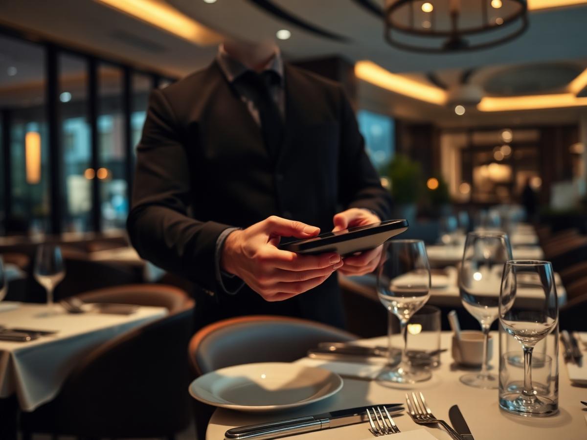 Servicekraft mit mobilem Zahlungsterminal in einem Restaurant