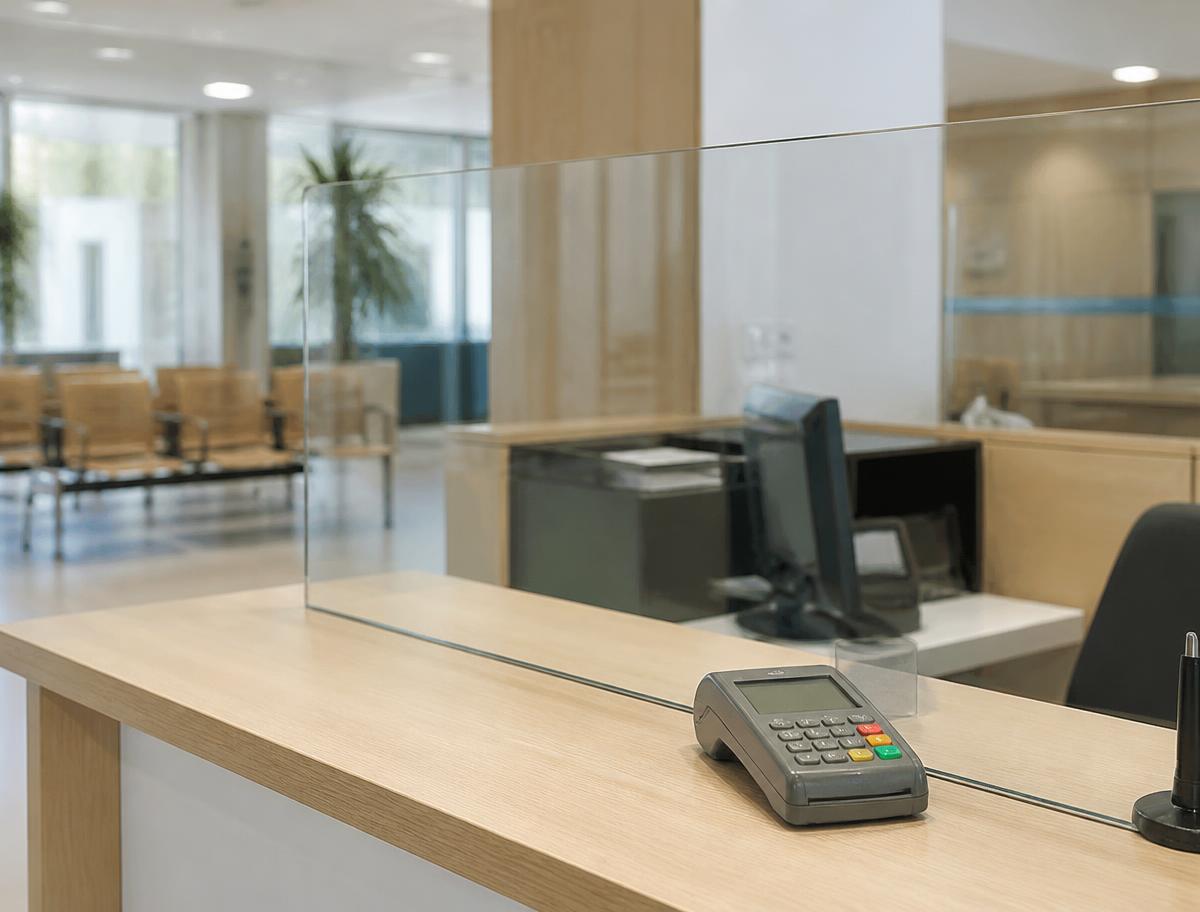 Heller Servicecounter eines modernen Bürgerbüros mit gewöhnlichem Kartenterminal